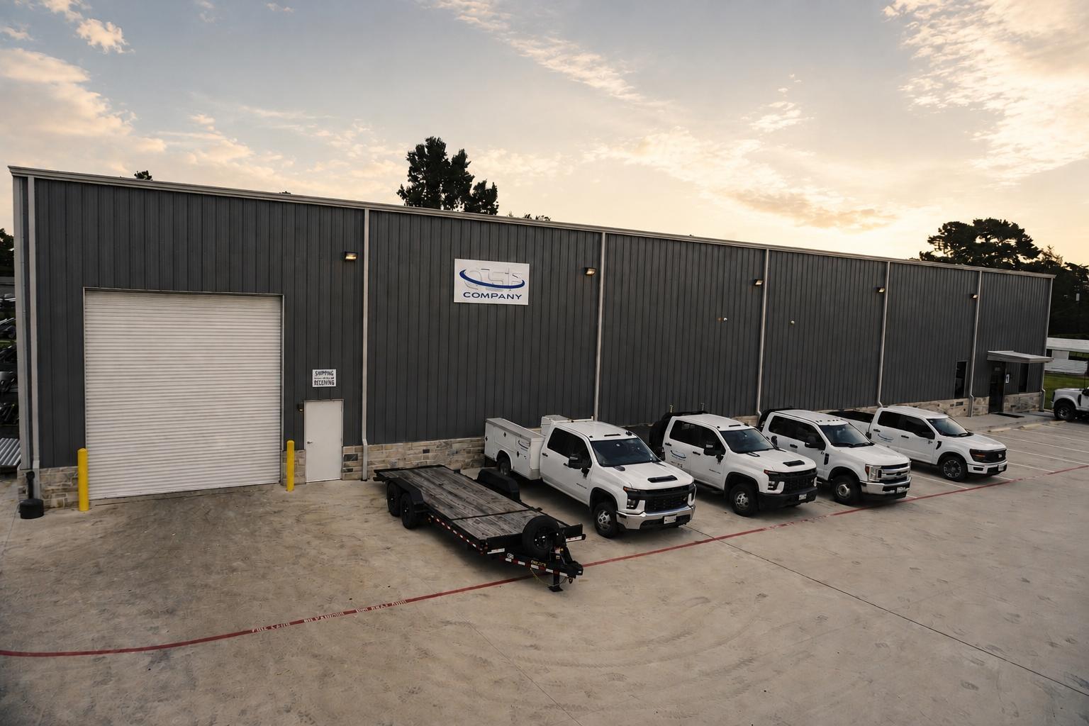 OSF Company shop exterior with service trucks, Tomball Texas